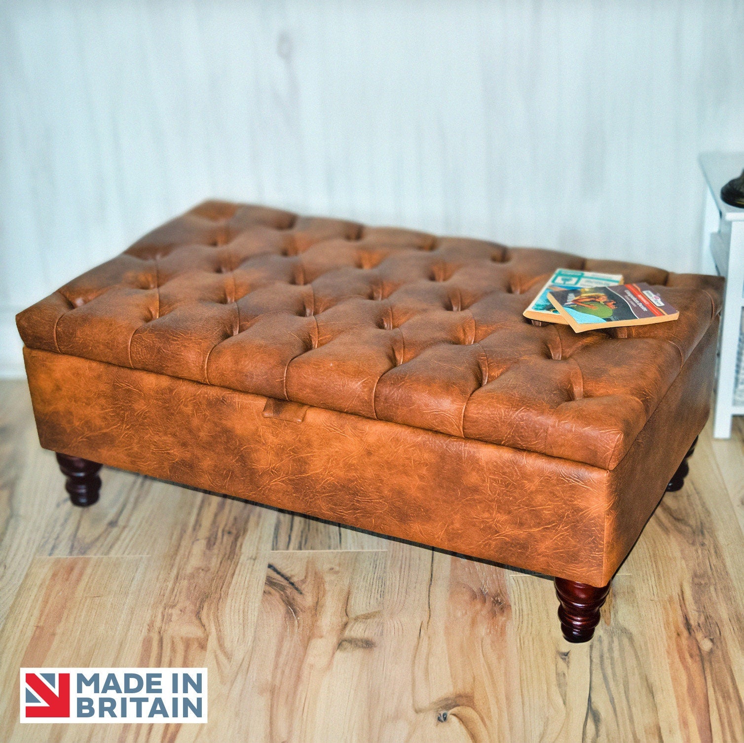 Handmade Premium Faux Leather Tan Chesterfield Footstool – Ottoman/Coffee Table/Footrest with Storage - Easy Clean
