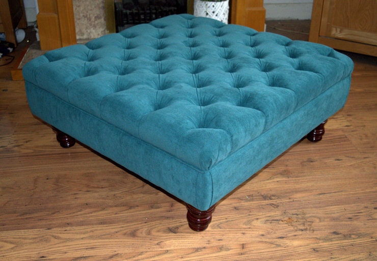 Square Chesterfield Style Deep Buttoned Footstool in Casino Crush Teal Fabric With Turned Hard Wood Legs