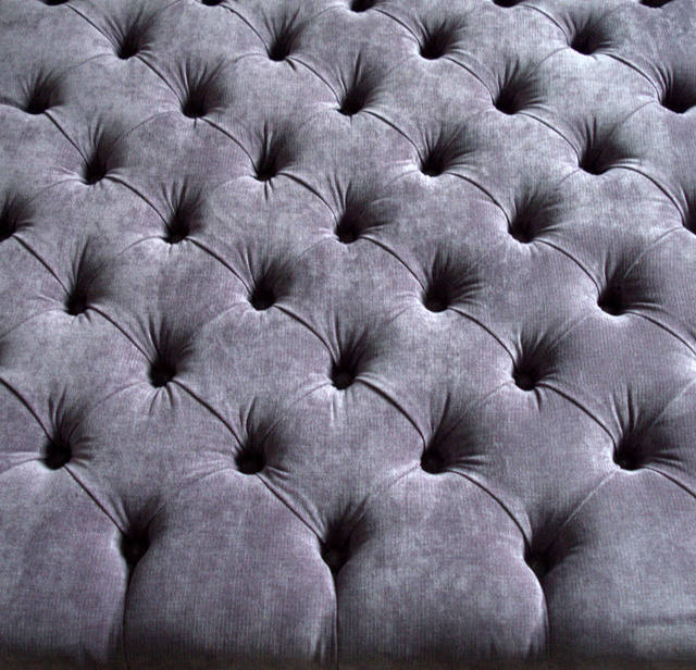 Square Chesterfield Style Deep Buttoned Footstool in Casino Plum Fabric With Turned Hard Wood Legs