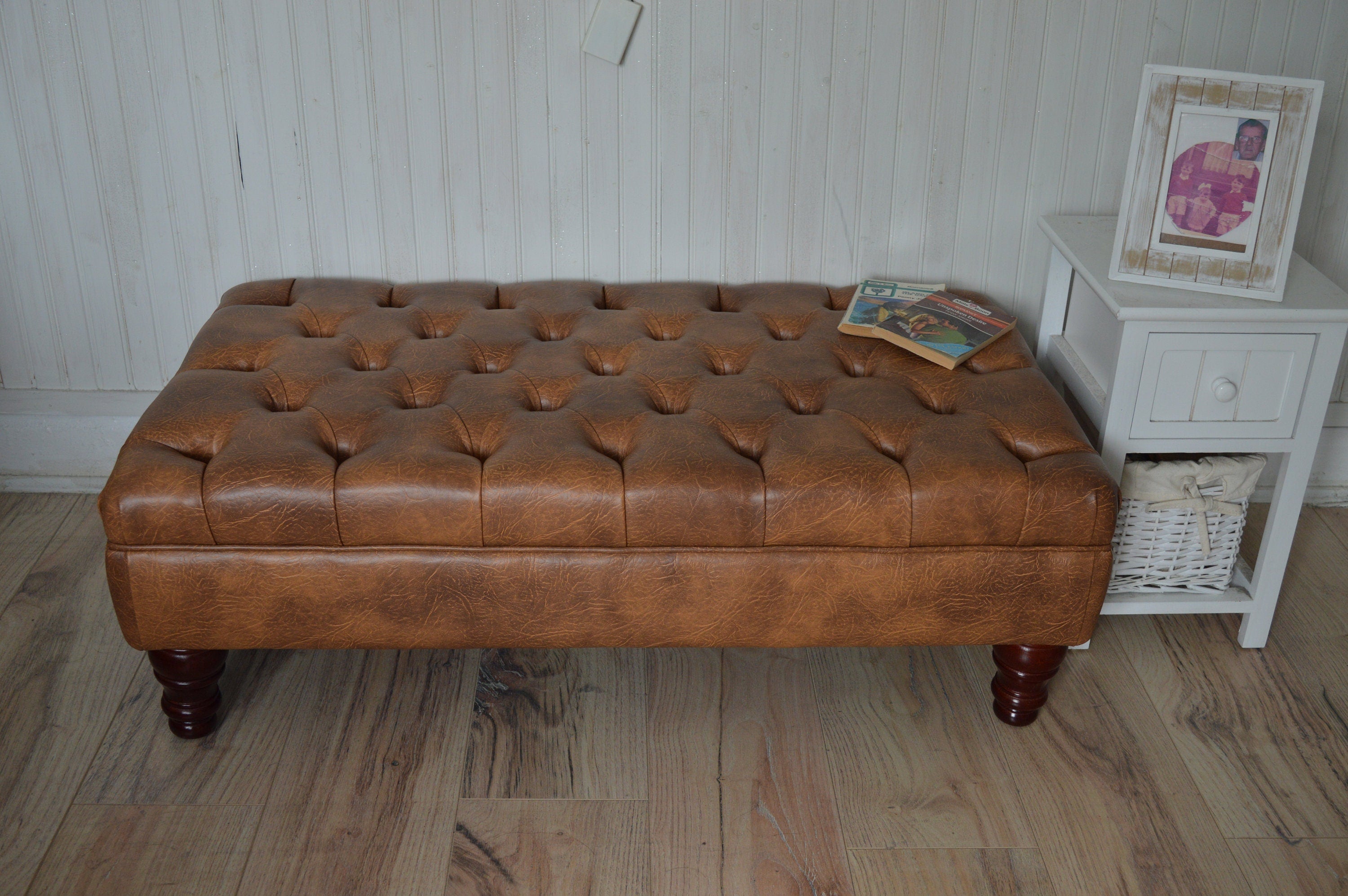 Handmade Faux Leather Tan Chesterfield Footstool – Ottoman – Coffee Table – Footrest – Mahogany Turned Hardwood Legs