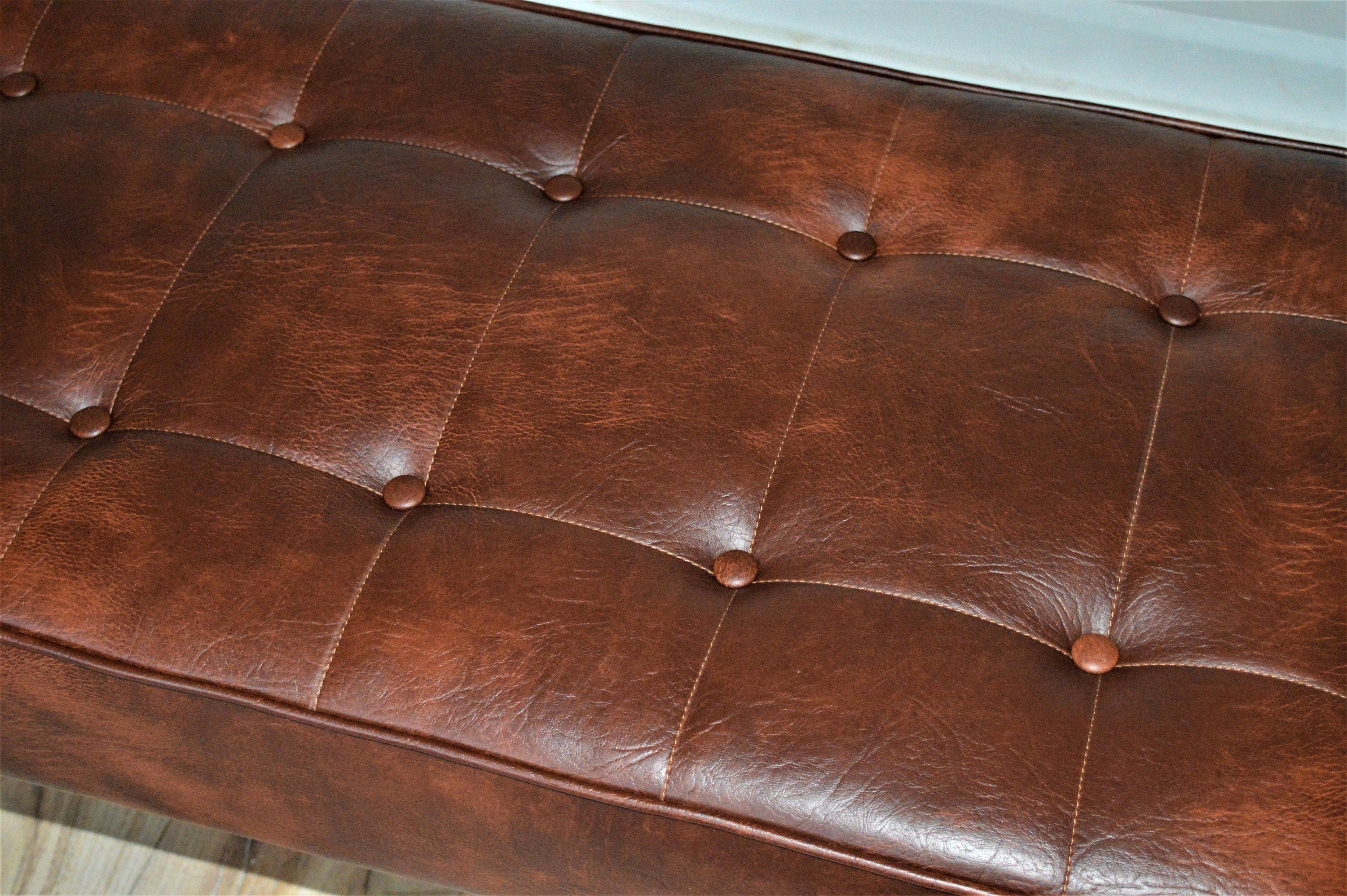 Bench Seating Style Buttoned Footstool Hall Table With Stitching Detail in Premium Faux Chestnut Leather With Hairpin Legs
