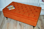 Chesterfield Deep Buttoned Footstool With Storage in Premium Eco Burnt Velvet Fabric With Brass Castor Legs.