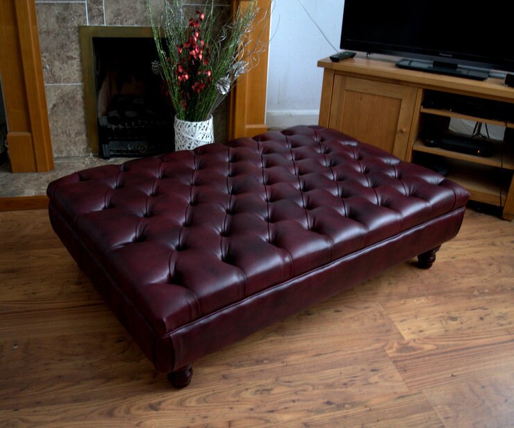 Chesterfield Extra Large Deep Buttoned Footstool in Premium Wine Faux Leather With Turned Hardwood Legs