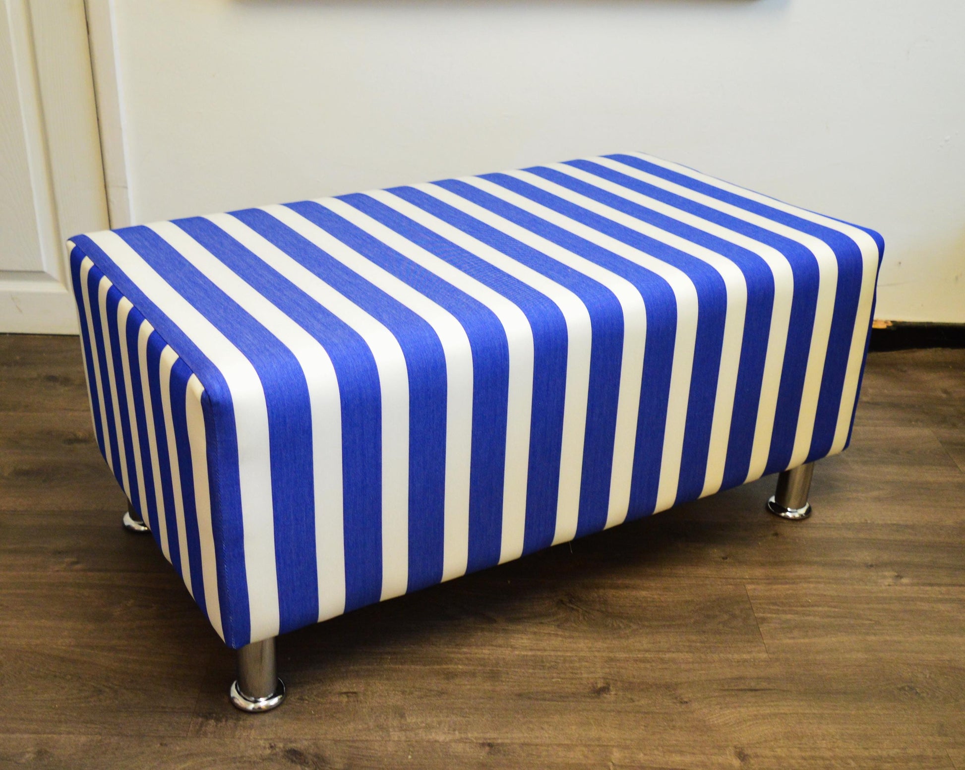2 Str Size High Seating Bench Footstool With Fix To Wall Back Cushion in Water Resistent Coastal Blue Stripe Fabric
