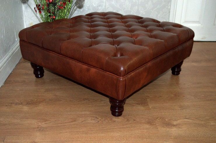 Square Chesterfield Style Deep Buttoned Footstool in Premium Chestnut Faux Leather With Turned Hardwood Legs