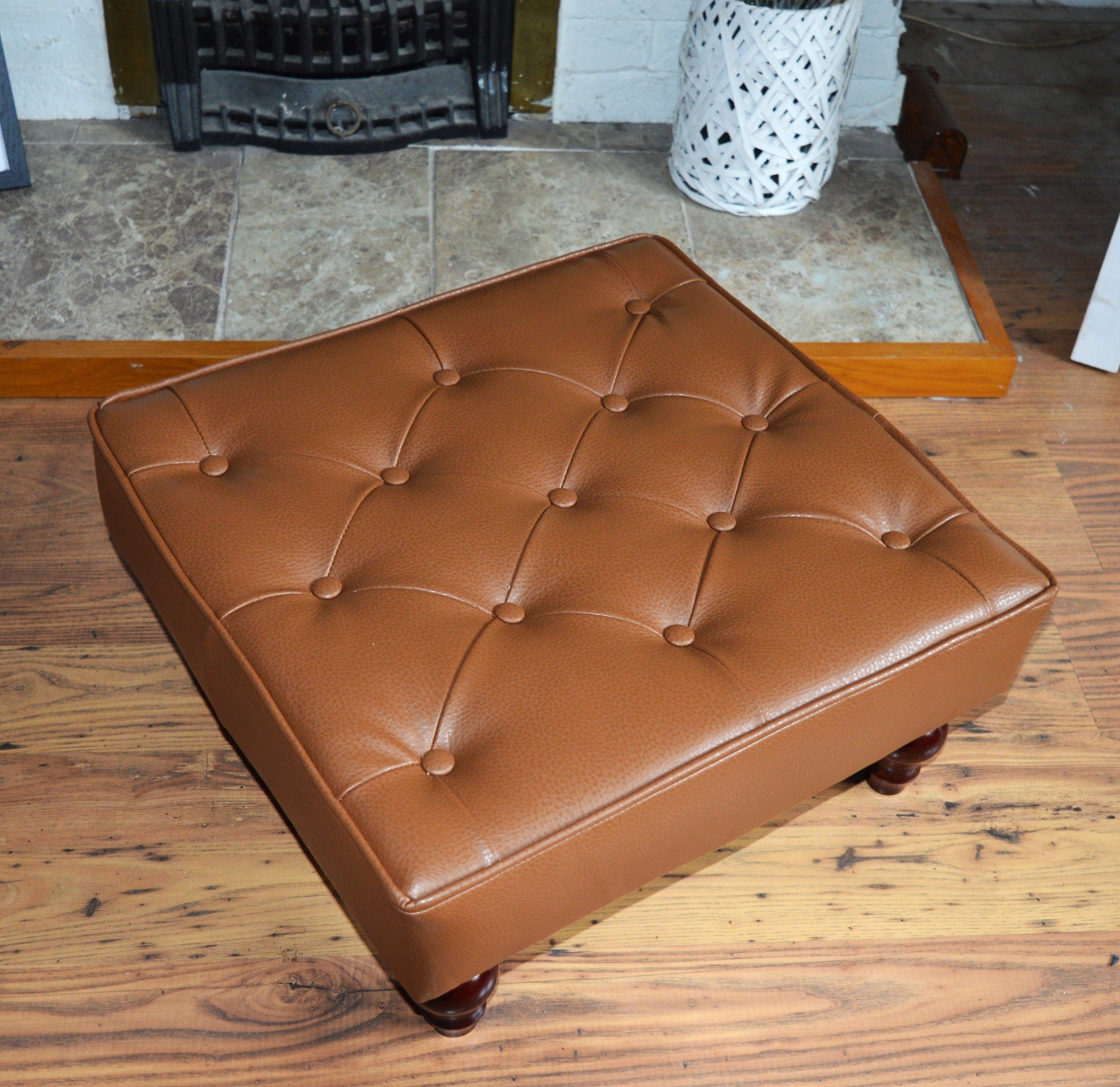 Buttoned and Piped Footstool Chesterfield Saddle Faux Leather With Hardwood Legs