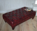Chesterfield Style Deep Buttoned Footstool in Premium Wine Faux Leather With Turned Mahogany Hardwood Legs