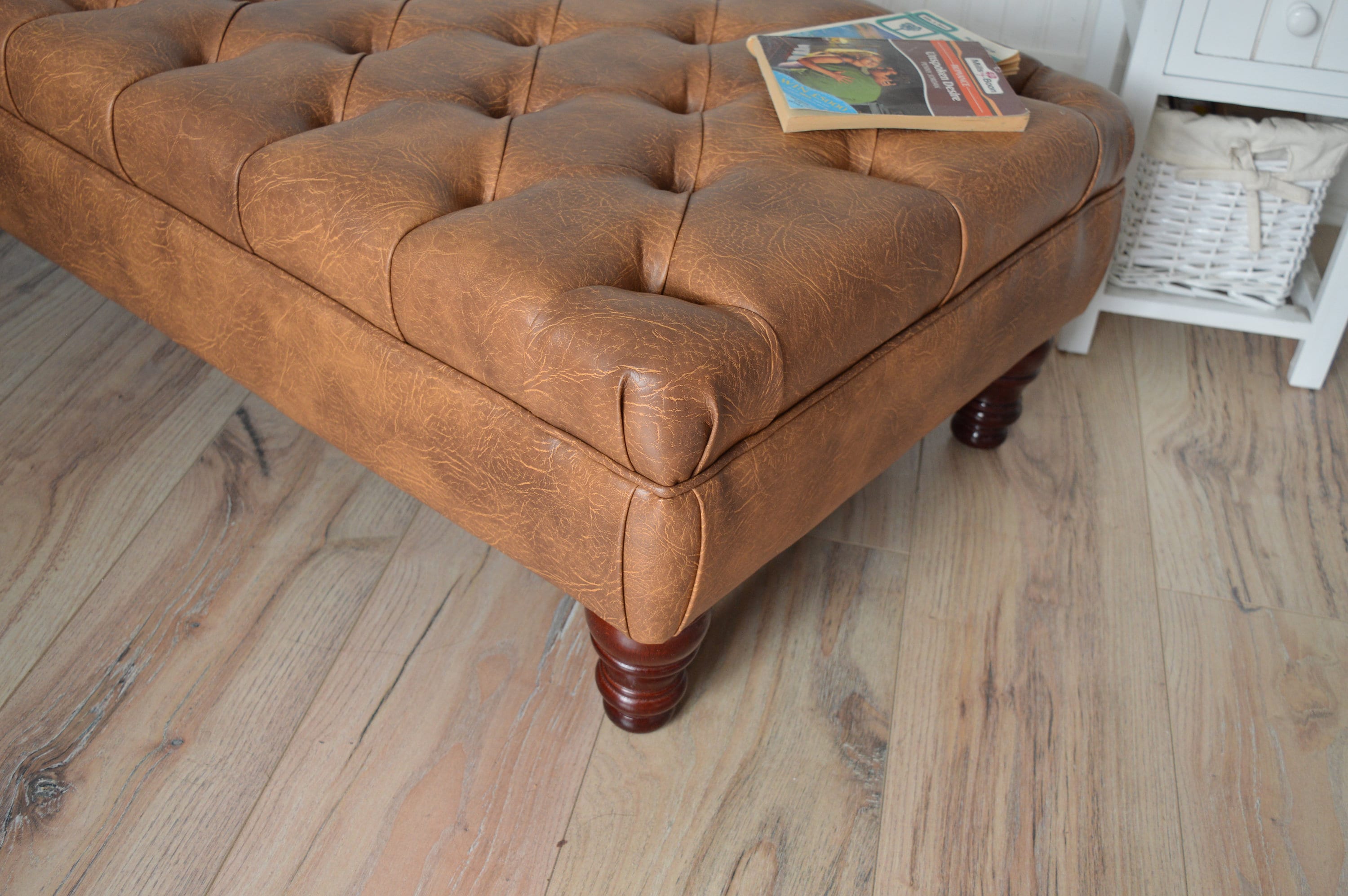 Handmade Faux Leather Tan Chesterfield Footstool – Ottoman – Coffee Table – Footrest – Mahogany Turned Hardwood Legs