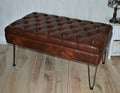 Bench Seating Style Chesterfield Buttoned Footstool  in Premium Faux Chestnut Leather With Hairpin Legs