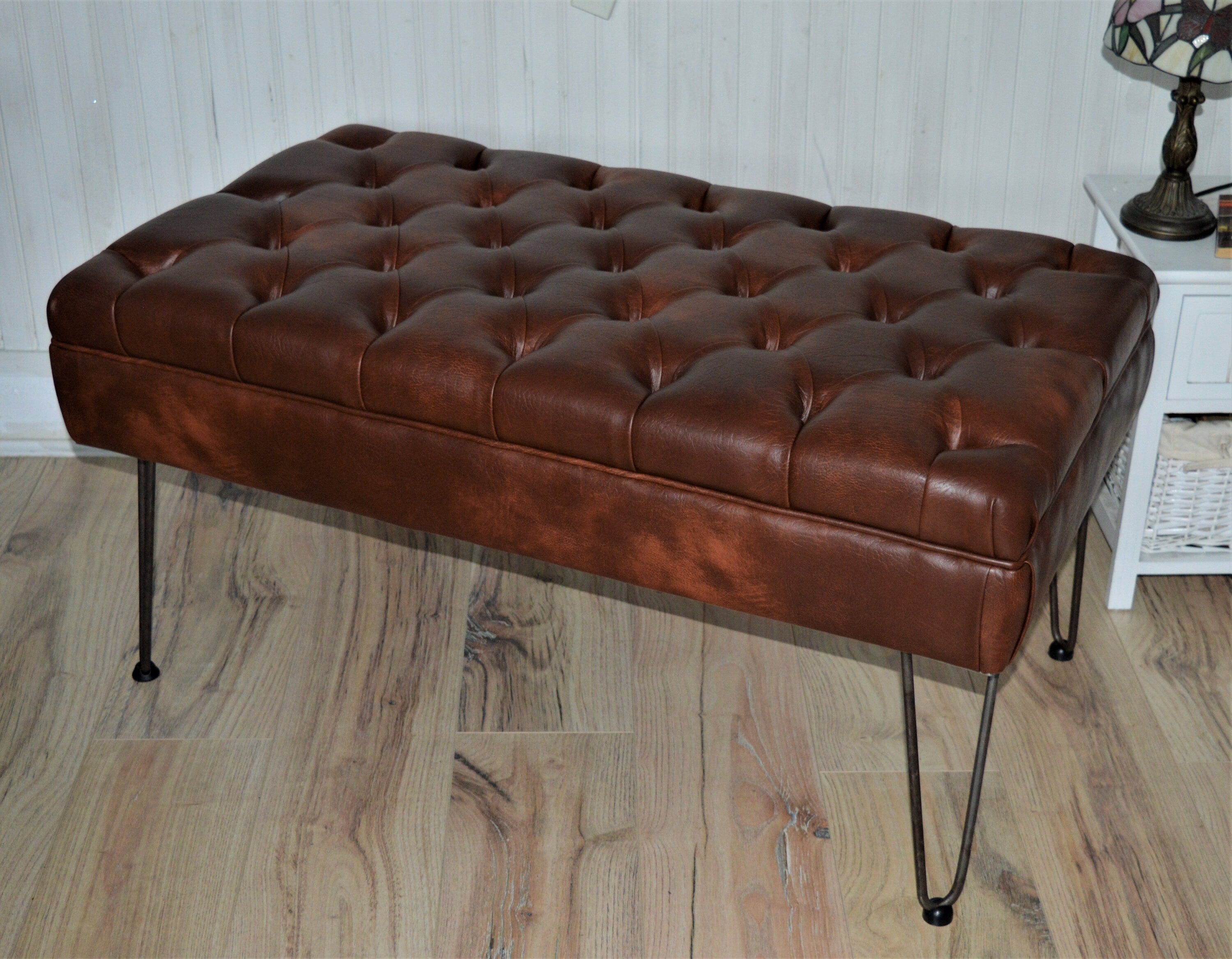 Bench Seating Style Chesterfield Buttoned Footstool  in Premium Faux Chestnut Leather With Hairpin Legs