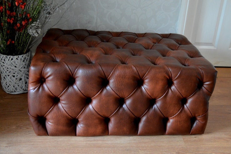 Deep Buttoned All Over Large Footstool Upholstered In a Premium Chestnut Faux Leather