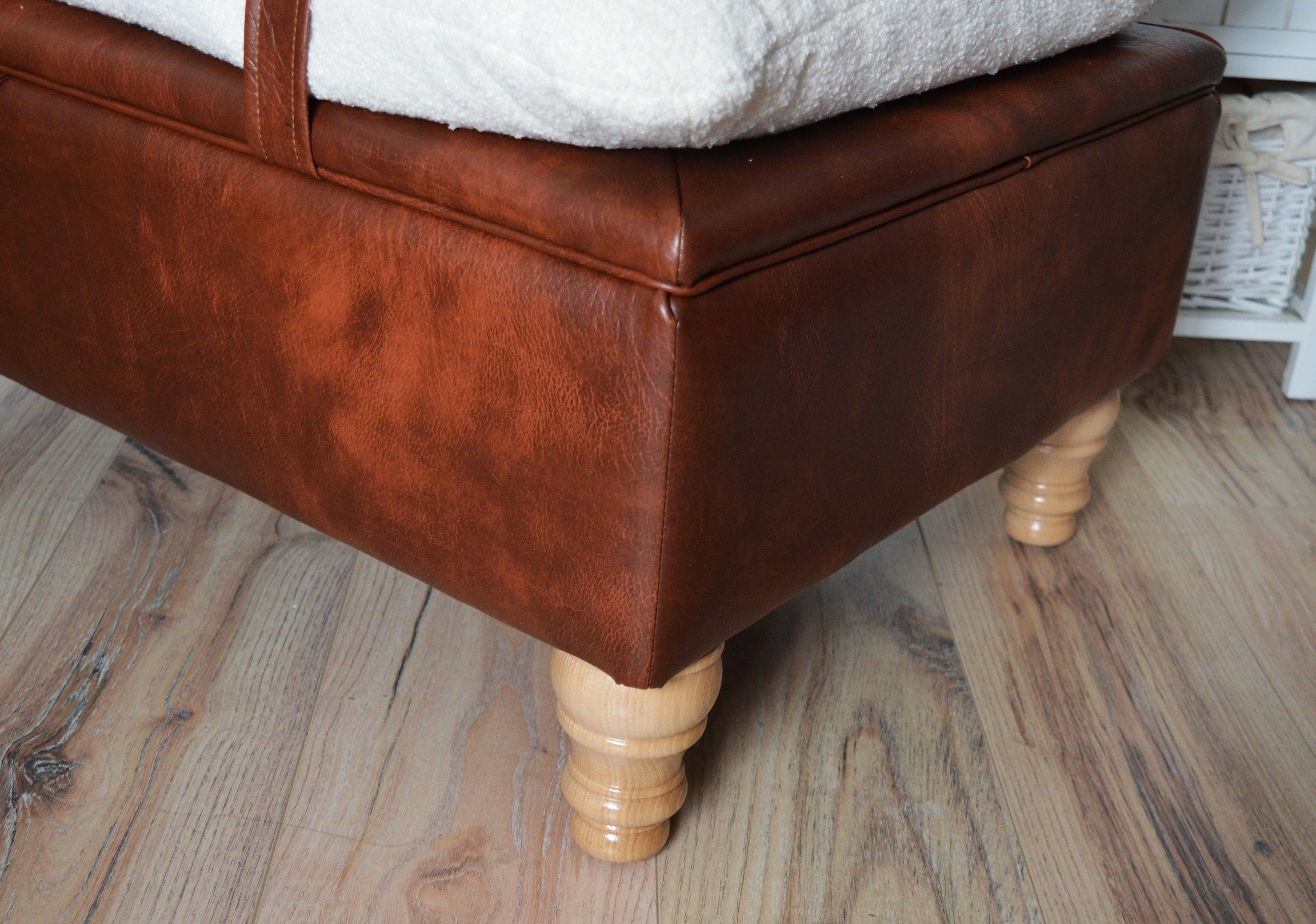 Mayfair Ottoman Footstool With Storage in Ivory Boucle Fabric With A Chestnut Faux Leather Base And Oak Turned Hardwood Legs