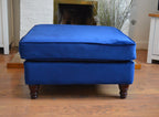Square Fixed Top Cushion Footstool in Blue Velvet  Fabric With Mahogany Turned Hardwood Legs