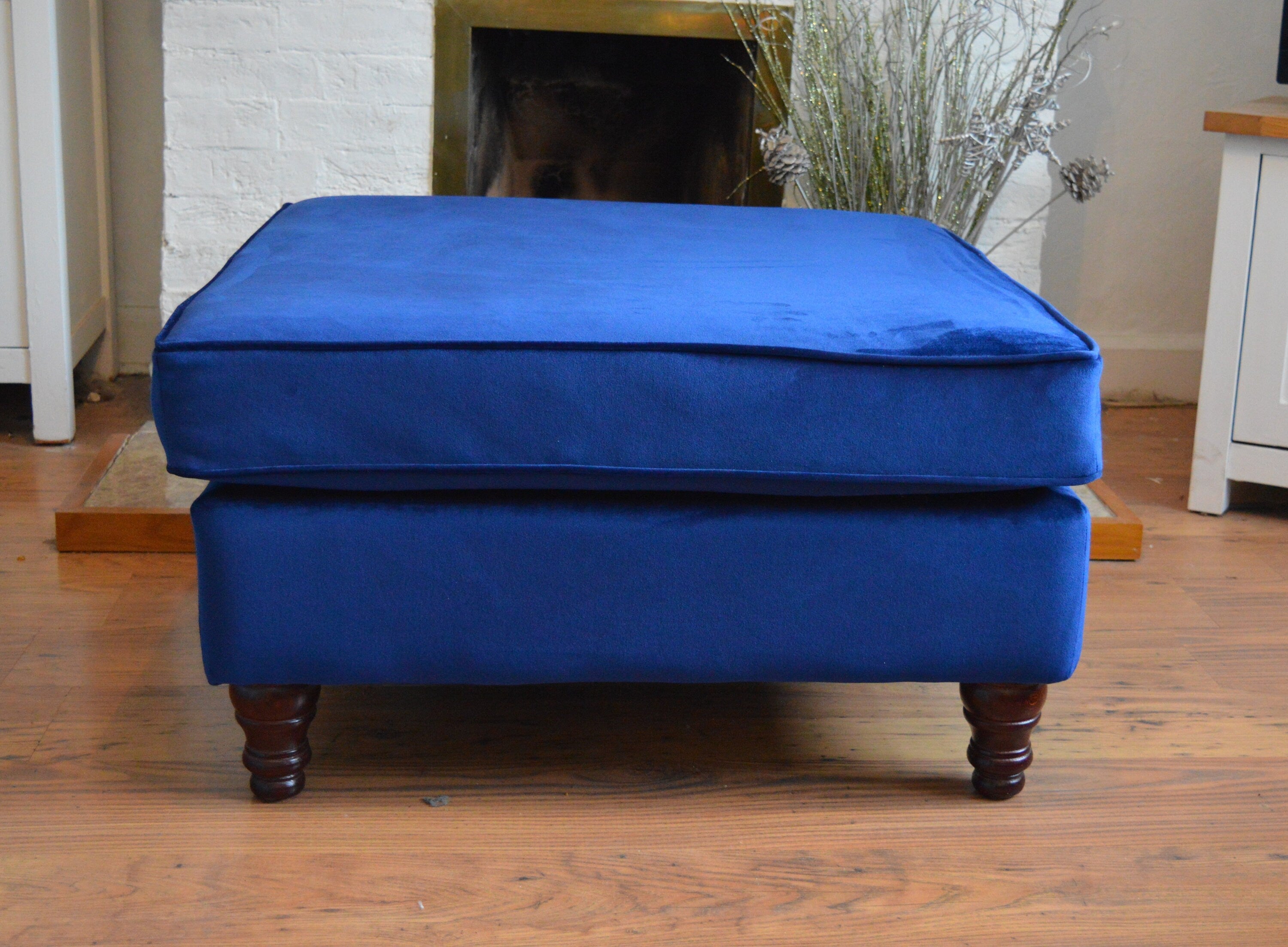 Square Fixed Top Cushion Footstool in Blue Velvet  Fabric With Mahogany Turned Hardwood Legs
