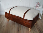 Mayfair Ottoman Footstool With Storage in Ivory Boucle Fabric With A Chestnut Faux Leather Base And Oak Turned Hardwood Legs