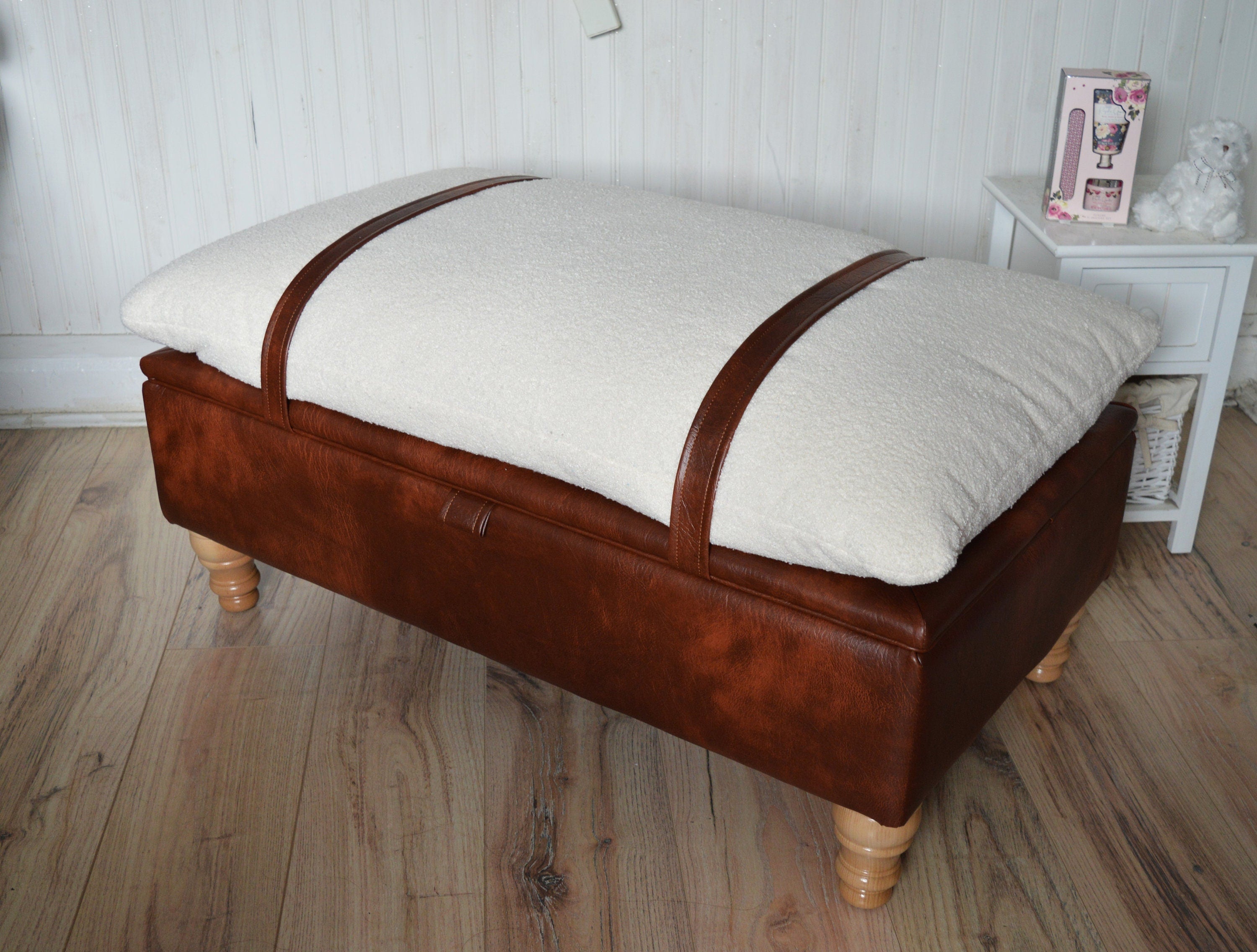 Mayfair Ottoman Footstool With Storage in Ivory Boucle Fabric With A Chestnut Faux Leather Base And Oak Turned Hardwood Legs