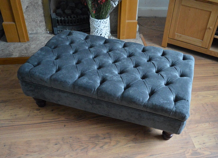Chesterfield Deep Buttoned Footstool in  Crush Charcoal Fabric With Turned Wood Legs