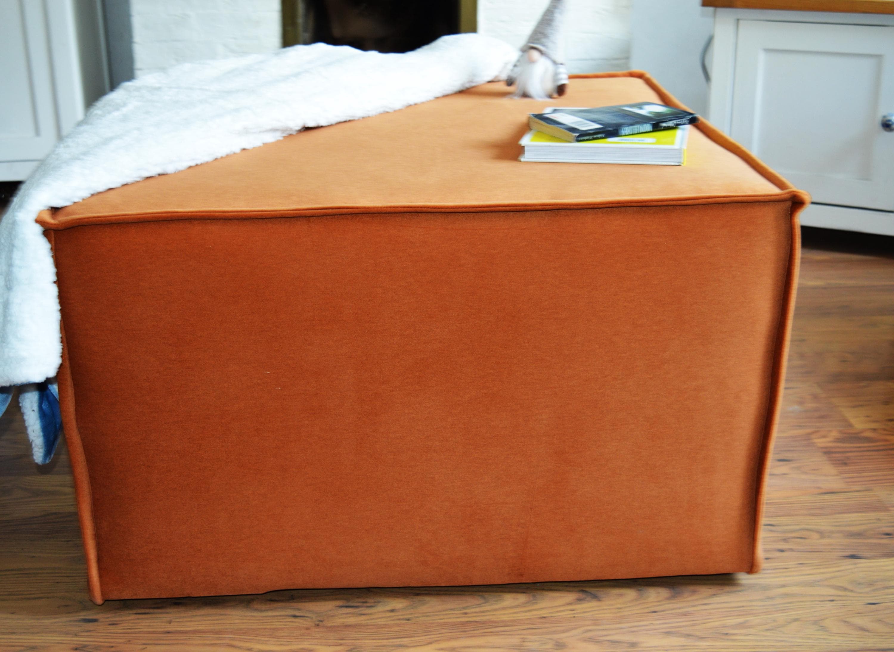 Extra Large Cube Design Footstool With Hemmed Trim in Burnt Orange Velvet Fabric