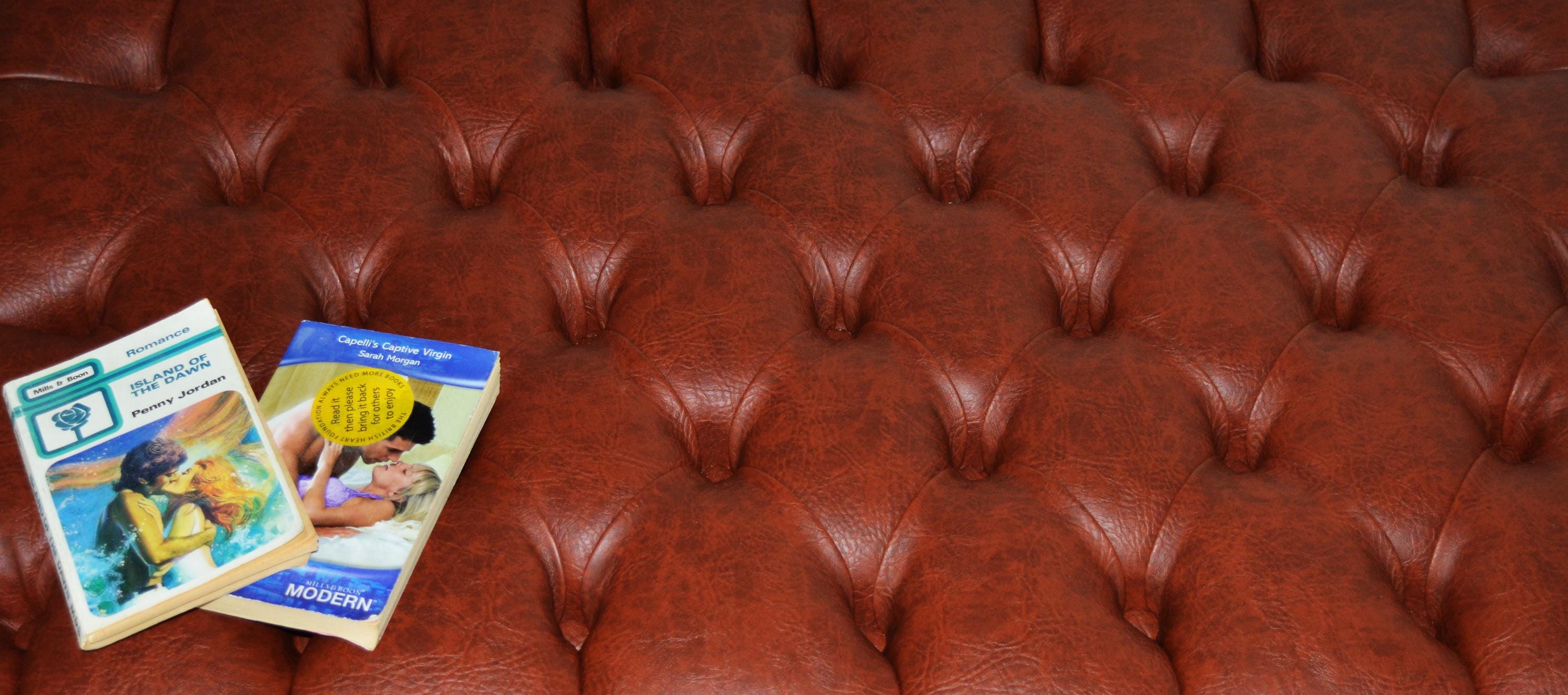 Chesterfield Design Footstool in Chestnut Brown Faux Leather With Brass Castor Turned Hardwood Legs