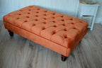Chesterfield Deep Buttoned Footstool in Orange Velvet With Mahogany Turned Hard Wood Legs