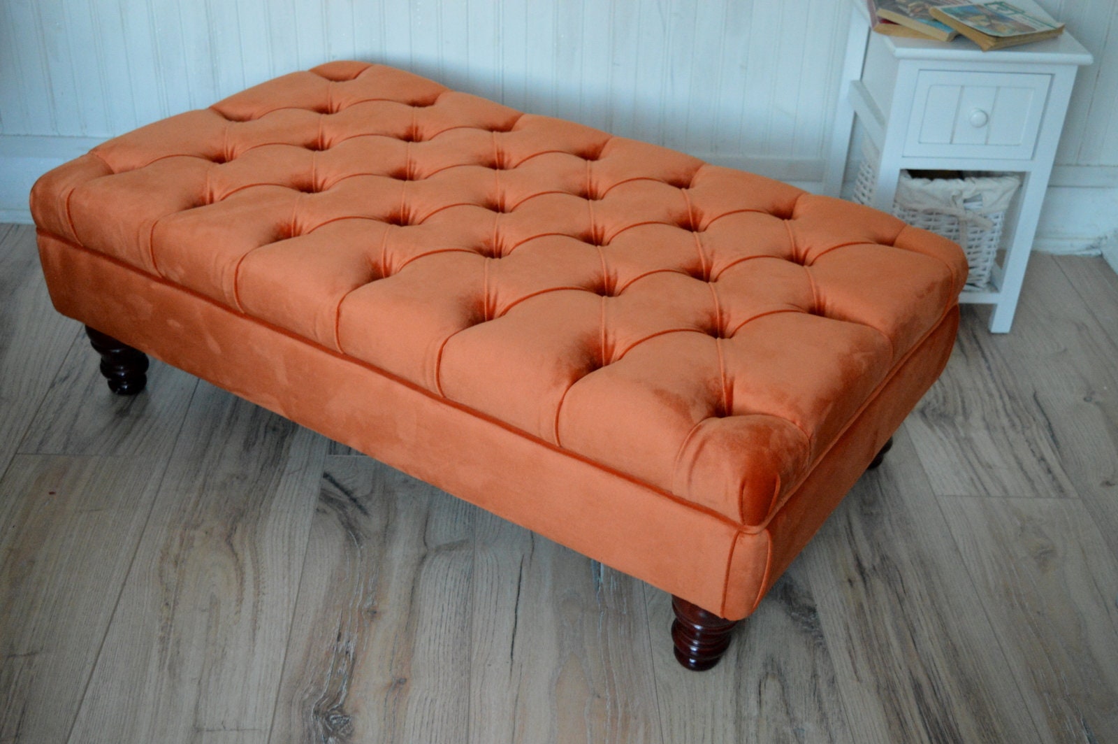Chesterfield Deep Buttoned Footstool in Orange Velvet With Mahogany Turned Hard Wood Legs