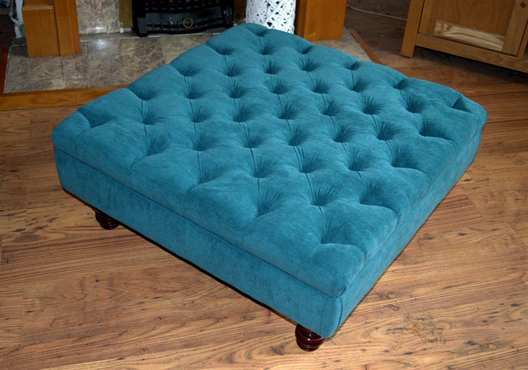 Square Chesterfield Style Deep Buttoned Footstool in Casino Crush Teal Fabric With Turned Hard Wood Legs