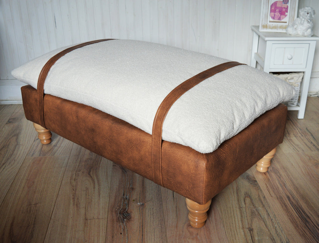 Mayfair Footstool  in Ivory Boucle Fabric And Premium Tan Faux Leather With Natural Oak Legs