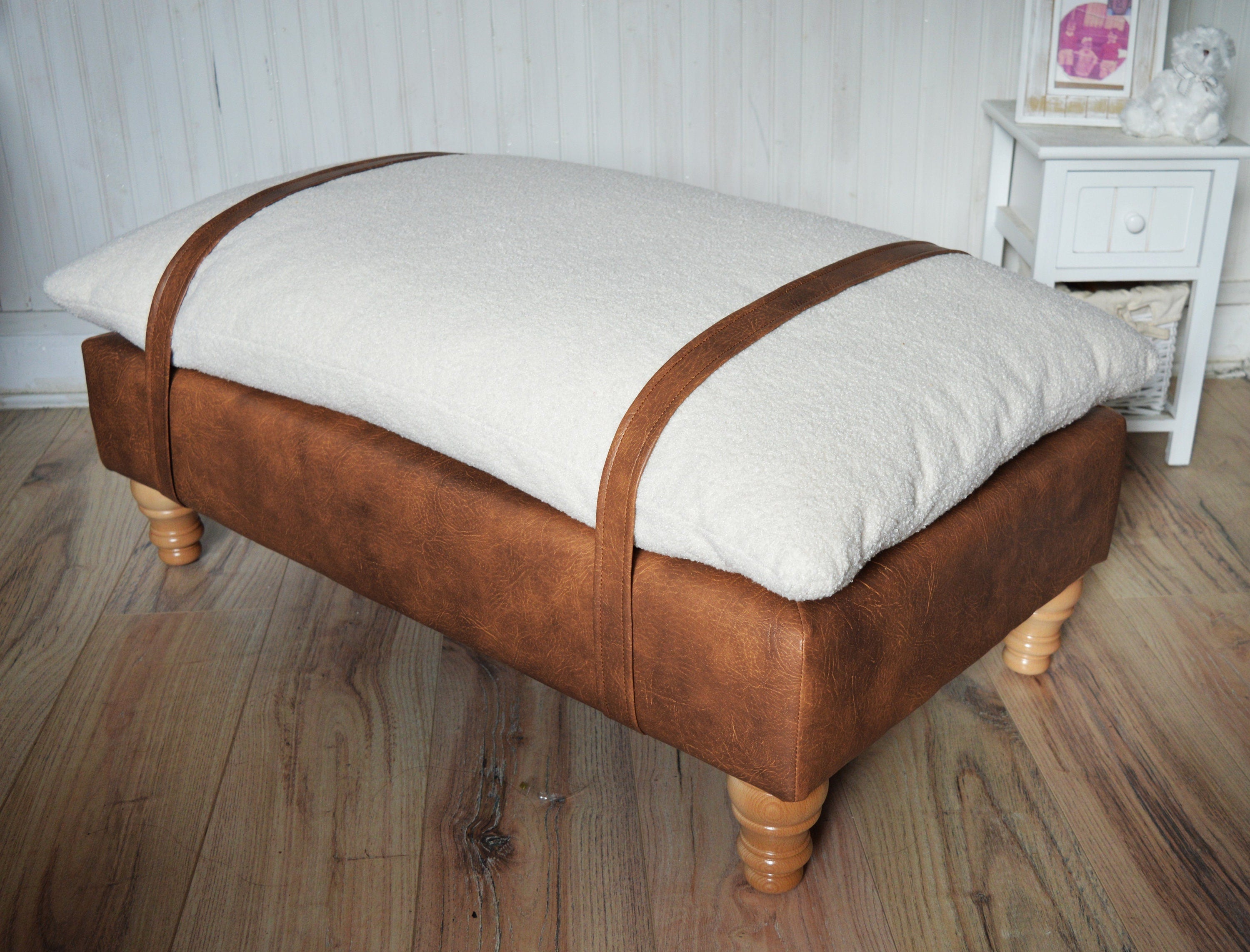 Mayfair Footstool  in Ivory Boucle Fabric And Premium Tan Faux Leather With Natural Oak Legs