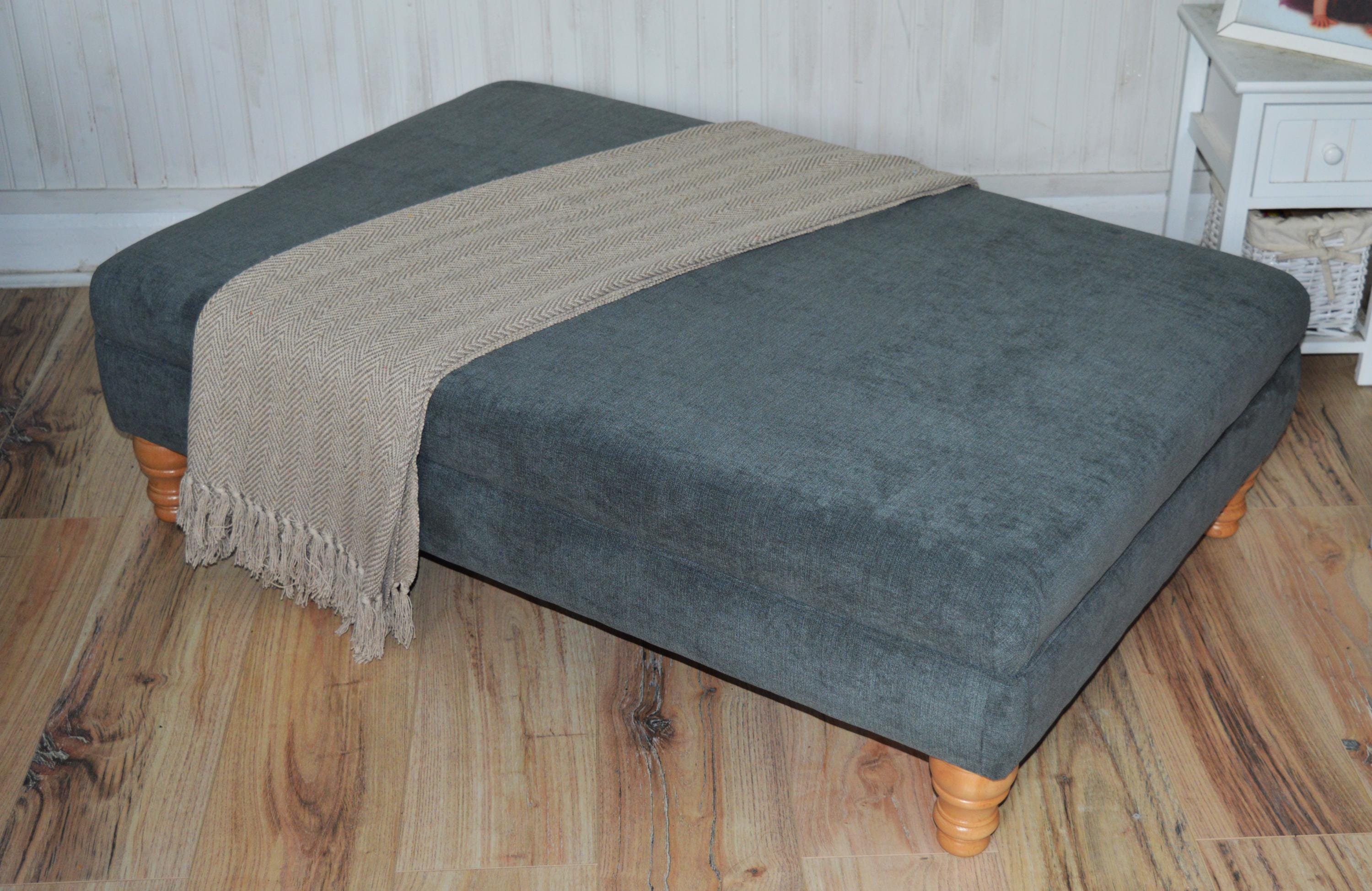 Extra Large Flat Top Footstool With Piping Detail  in Grey Velvet With Oak Turned Hard Wood Legs