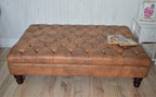Chesterfield Extra Large Deep Buttoned Footstool in Premium Tan Faux Leather With Mahogany Turned Hardwood Legs