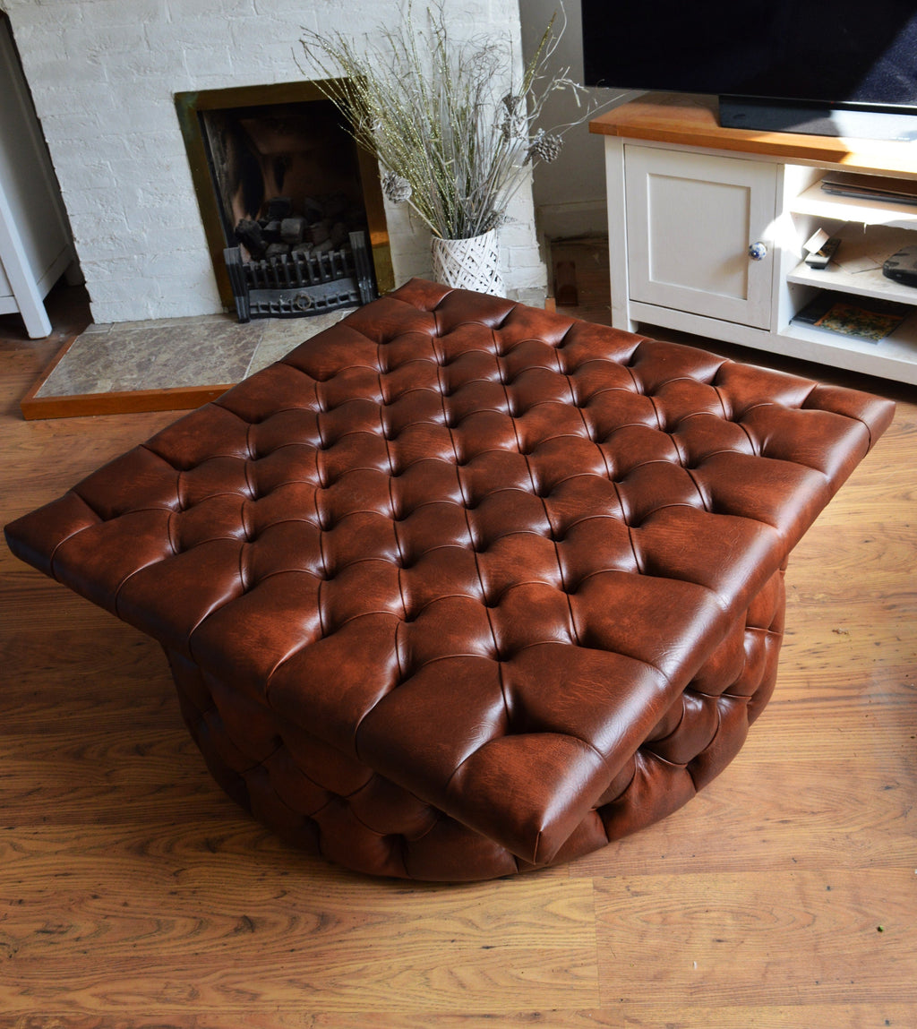 Extra Large  Square Chesterfield Style Footstool With Drum Button Base in Premium Chestnut Faux Leather