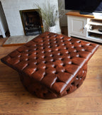 Extra Large  Square Chesterfield Style Footstool With Drum Button Base in Premium Chestnut Faux Leather