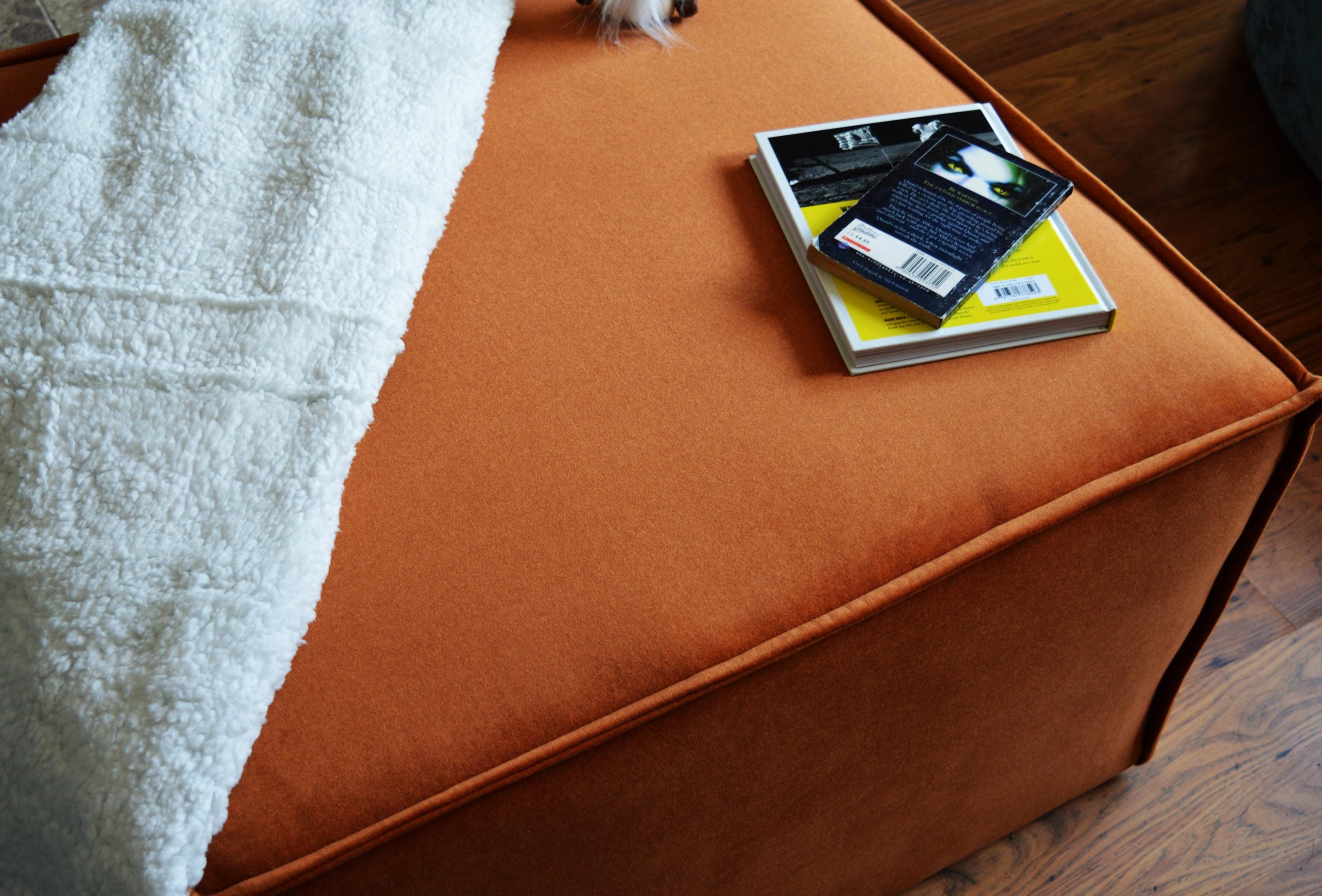 Extra Large Cube Design Footstool With Hemmed Trim in Burnt Orange Velvet Fabric
