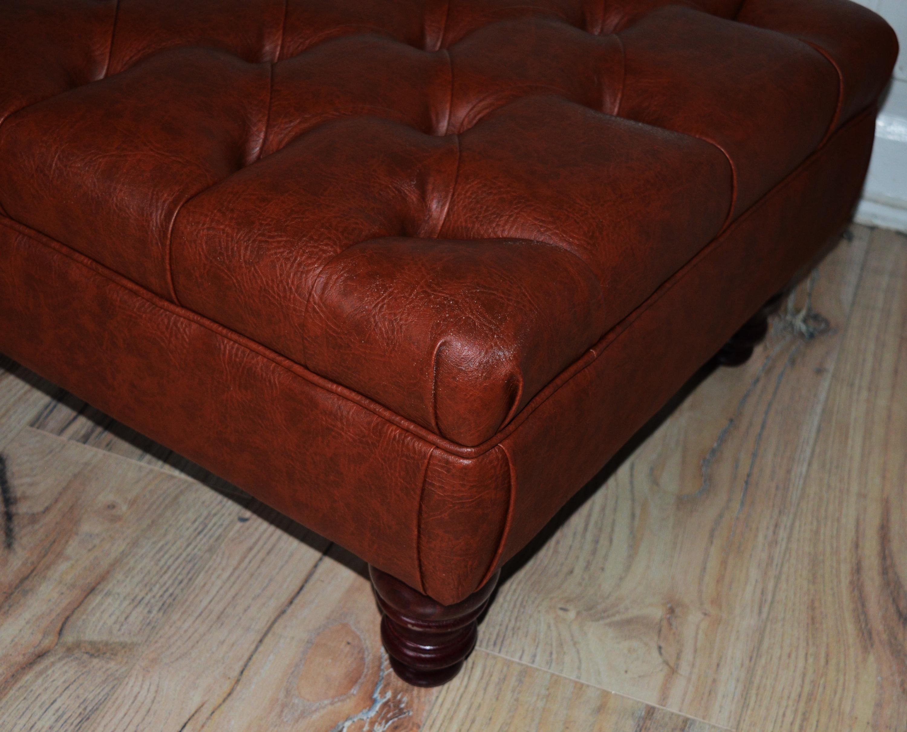Chesterfield Design Footstool in Chestnut Brown Faux Leather With Mahogany Turned Hardwood Legs