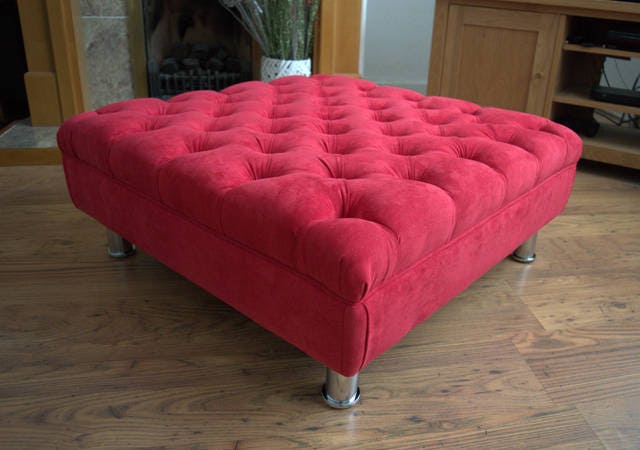 Square Chesterfield Style Deep Buttoned Footstool in Casino Crush Red Fabric With Chrome  Legs