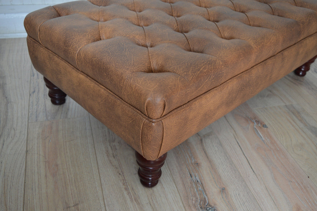 Handmade Faux Leather Tan Chesterfield Footstool – Ottoman – Coffee Table – Footrest – Mahogany Turned Hardwood Legs