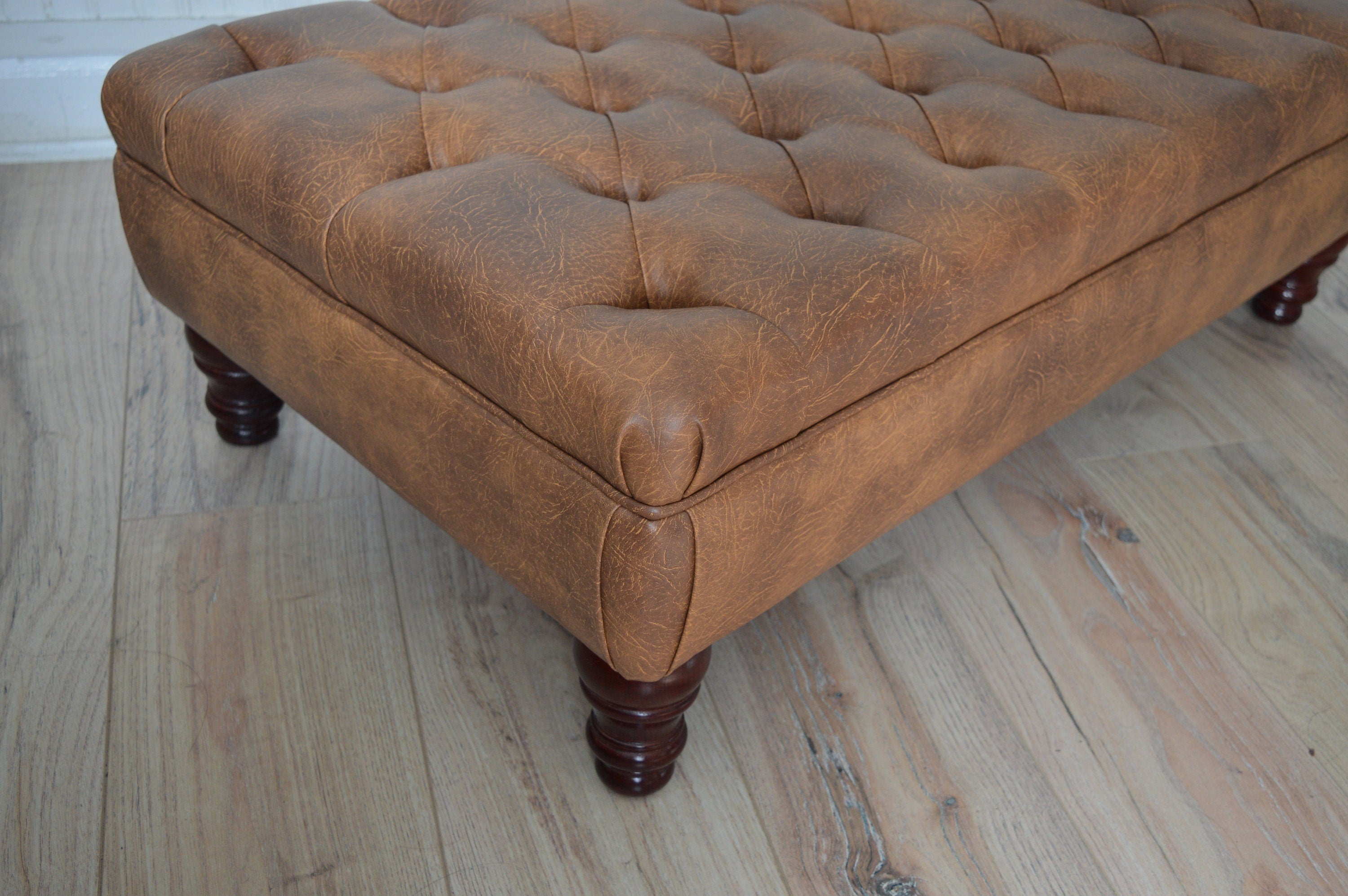 Handmade Faux Leather Tan Chesterfield Footstool – Ottoman – Coffee Table – Footrest – Mahogany Turned Hardwood Legs