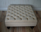 Square Chesterfield Style Deep Buttoned Footstool in Casino Beige  Fabric With Turned Hard Wood Legs