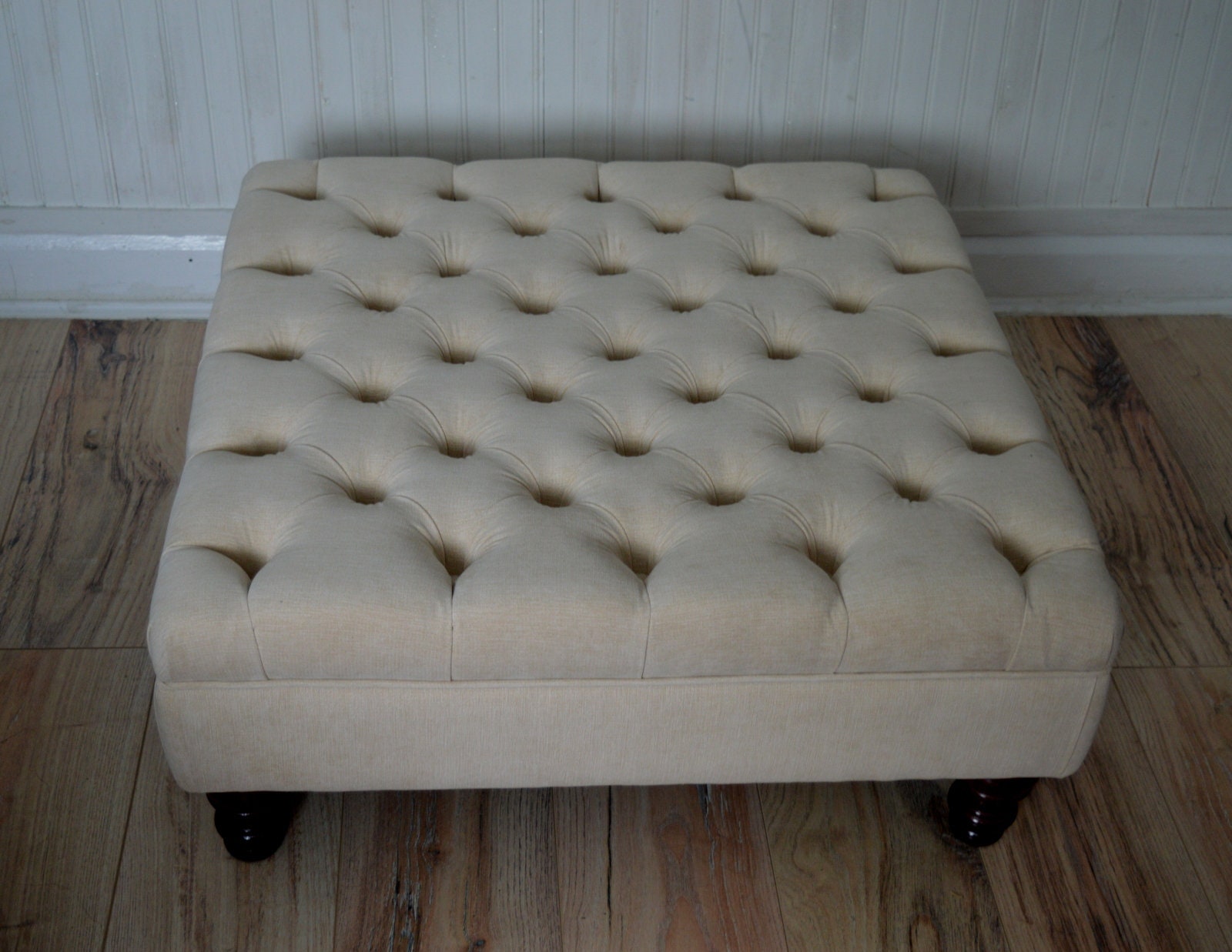 Square Chesterfield Style Deep Buttoned Footstool in Casino Beige  Fabric With Turned Hard Wood Legs