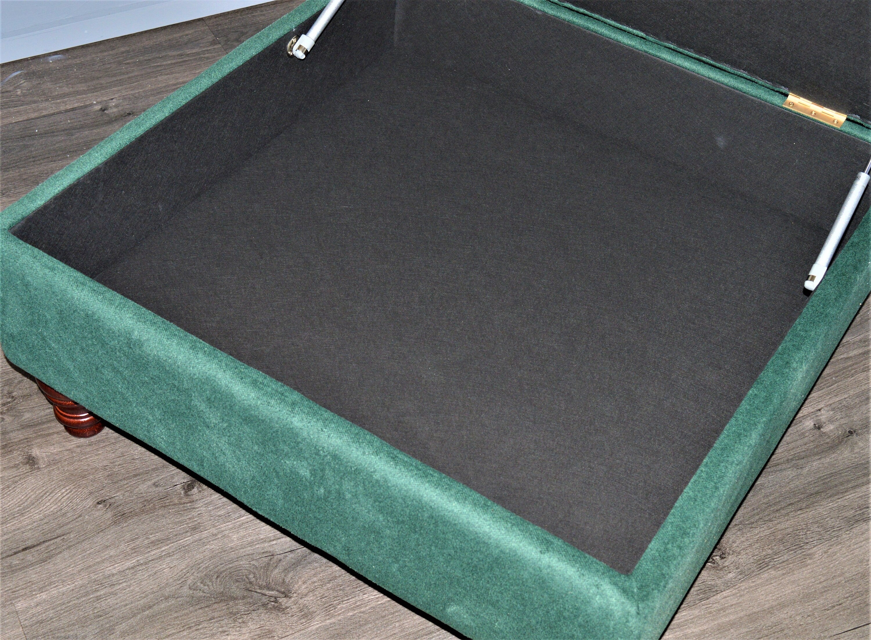 Chesterfield Square Storage Footstool Ottoman in Soft Alpaka Hunter Green Fabric With Mahogany Turned Hardwood Legs