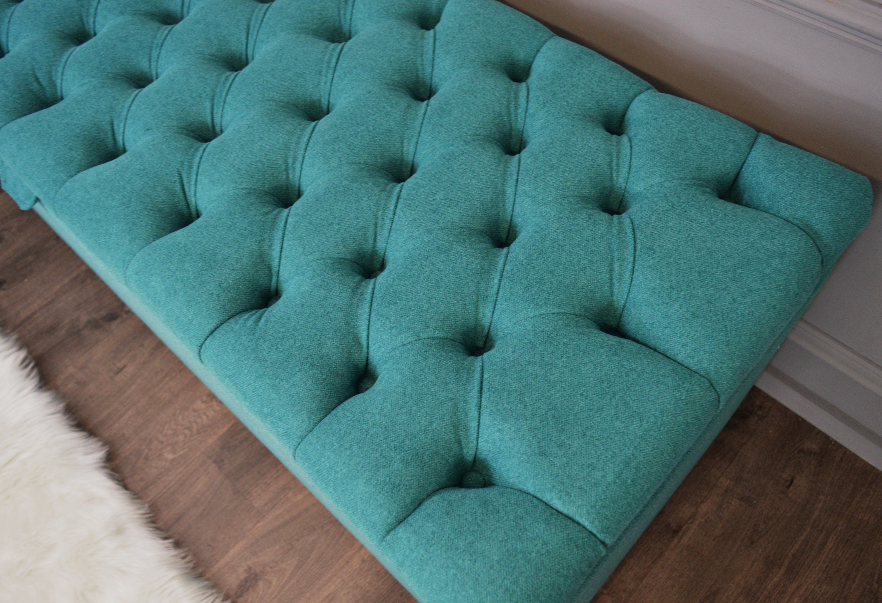 XXL Chesterfield Storage Bedding Box in Mallard Green Fabric With Mahogany Feet