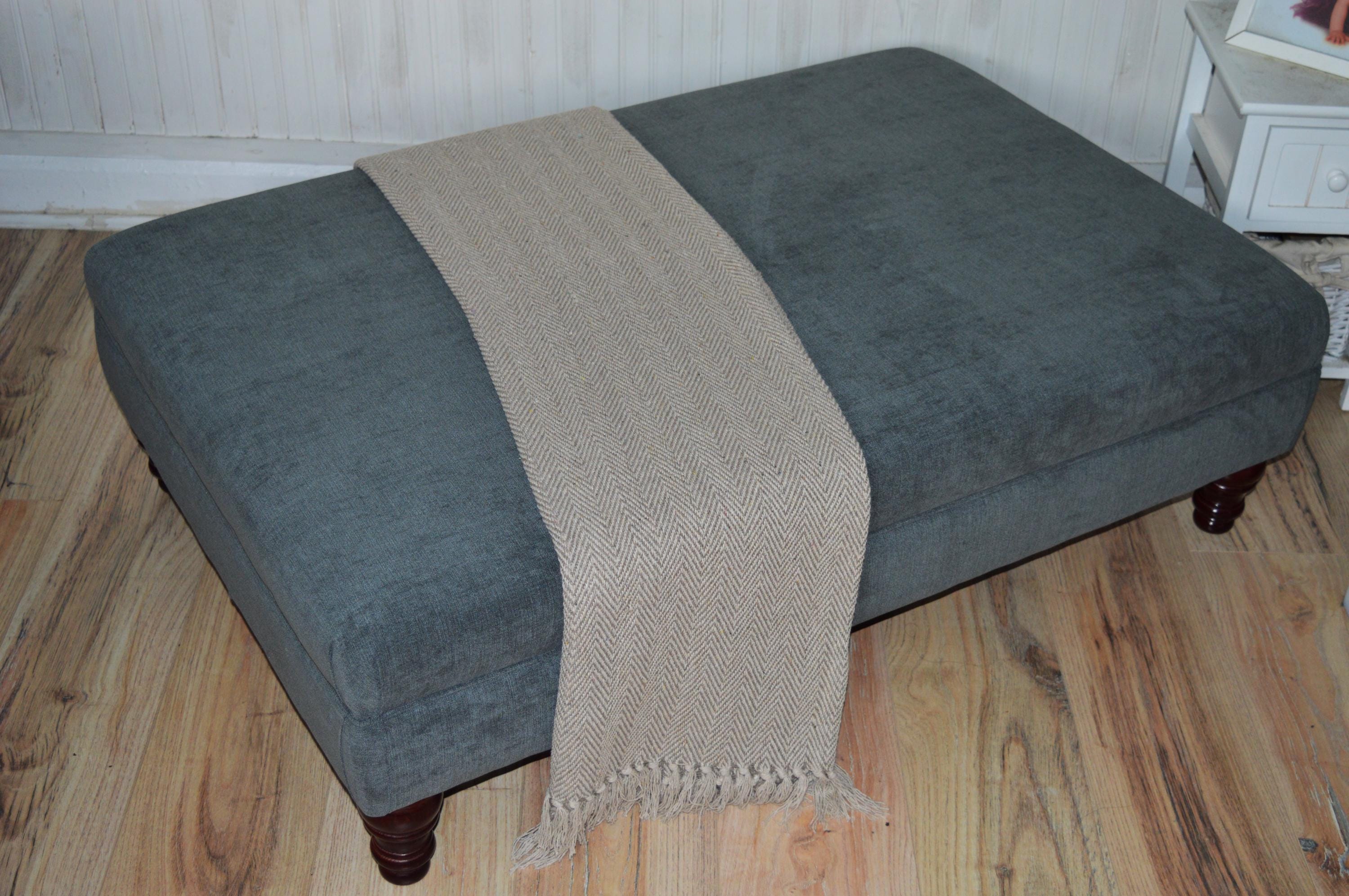 Extra Large Size Flat Top Footstool With Piping Detail  in Grey Velvet With Mahogany Turned Hard Wood Legs