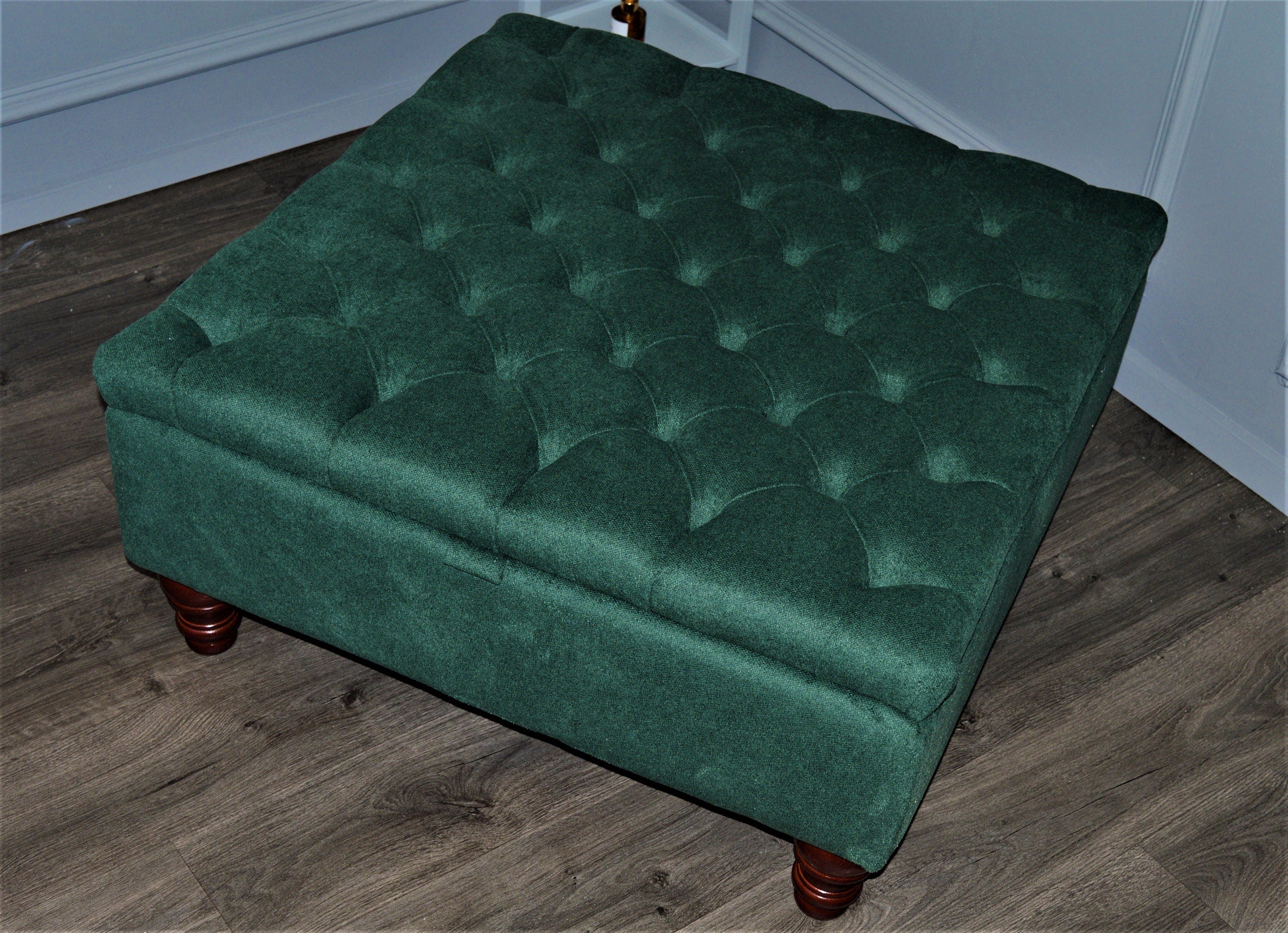 Chesterfield Square Storage Footstool Ottoman in Soft Alpaka Hunter Green Fabric With Mahogany Turned Hardwood Legs