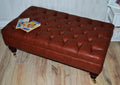 Chesterfield Design Footstool in Chestnut Brown Faux Leather With Brass Castor Turned Hardwood Legs