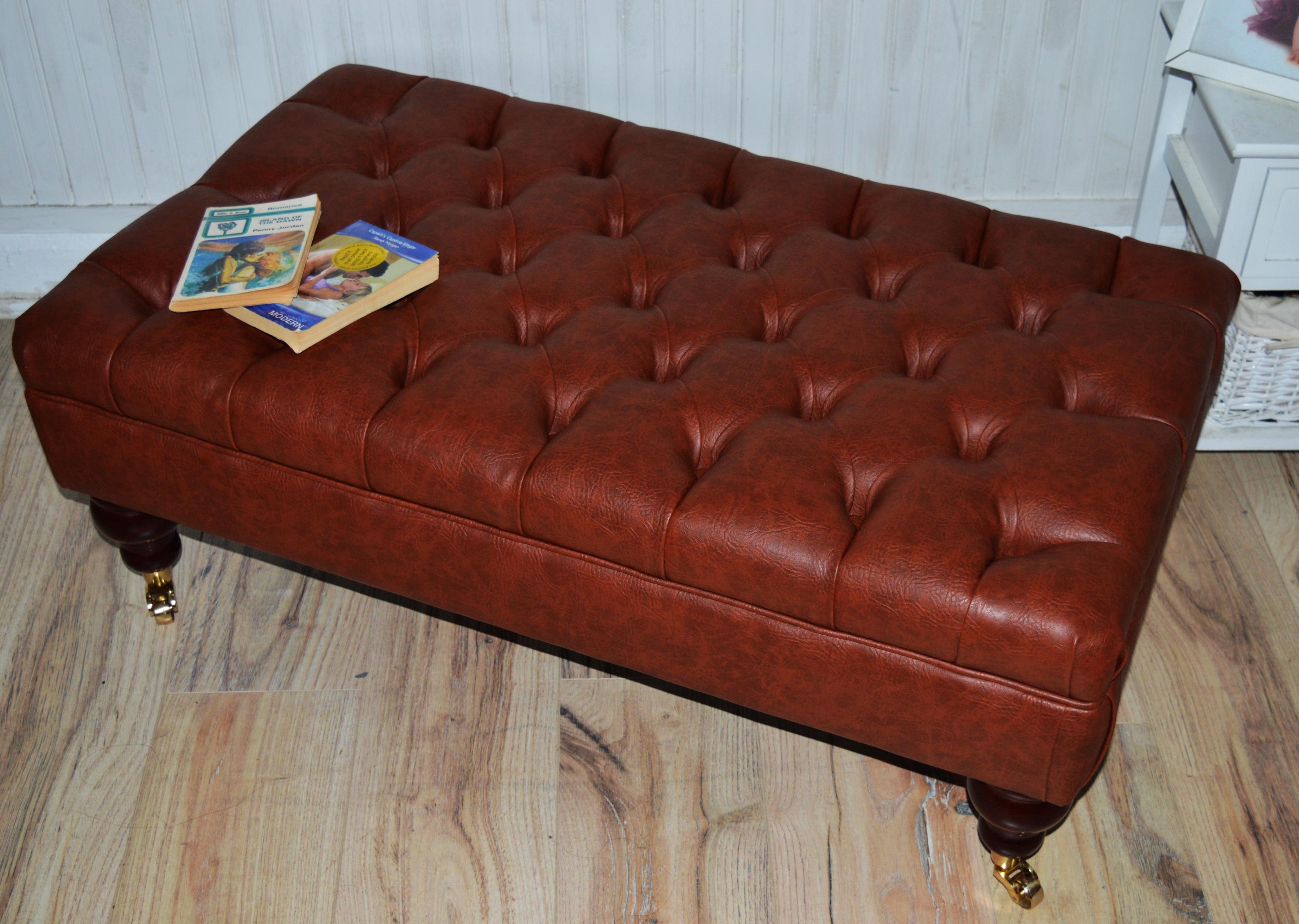 Chesterfield Design Footstool in Chestnut Brown Faux Leather With Brass Castor Turned Hardwood Legs