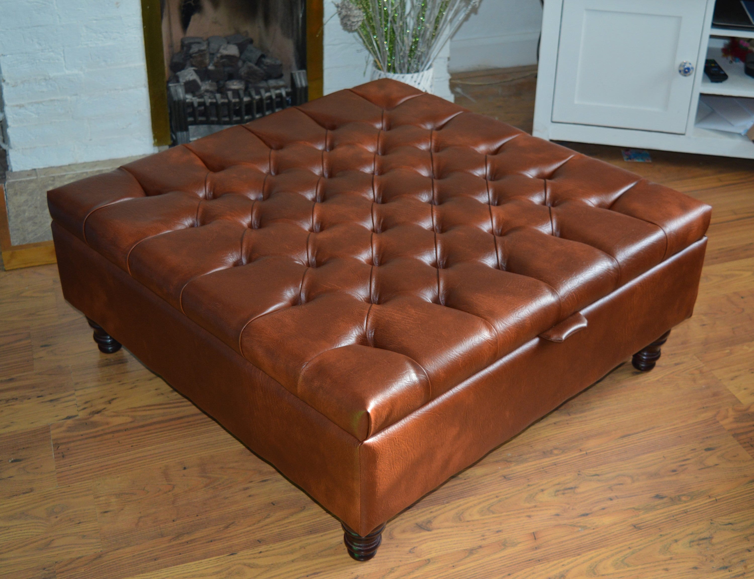 Extra Large Storage Square Chesterfield Deep Buttoned Footstool in Premium Chestnut Faux Leather