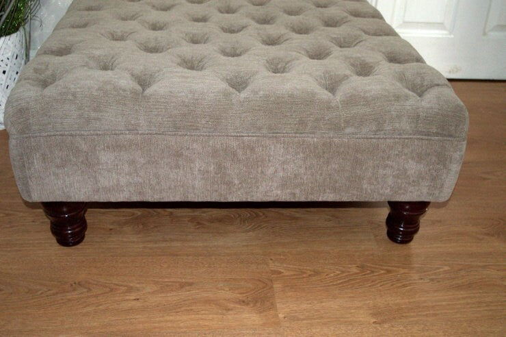 Hand Made Square Design Chesterfield  Deep Buttoned Footstool in Casino Crush Taupe Colour  Fabric With Turned Hard Wood Legs