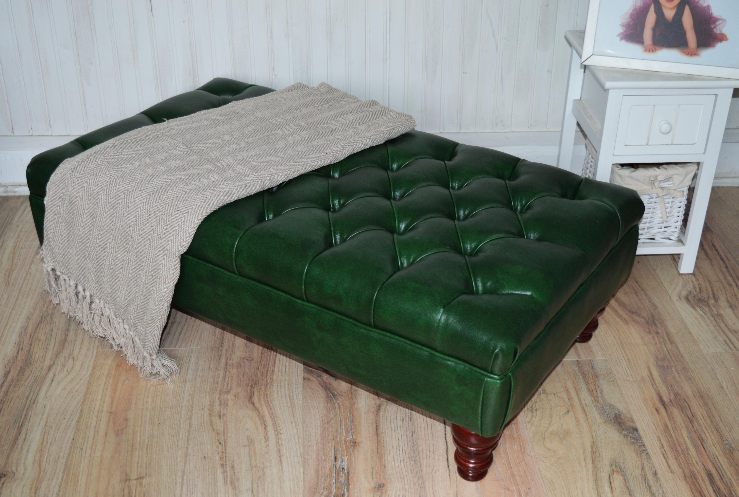 Chesterfield Style Deep Buttoned Footstool in Premium Green Faux Leather With Turned Mahogany Hardwood Legs