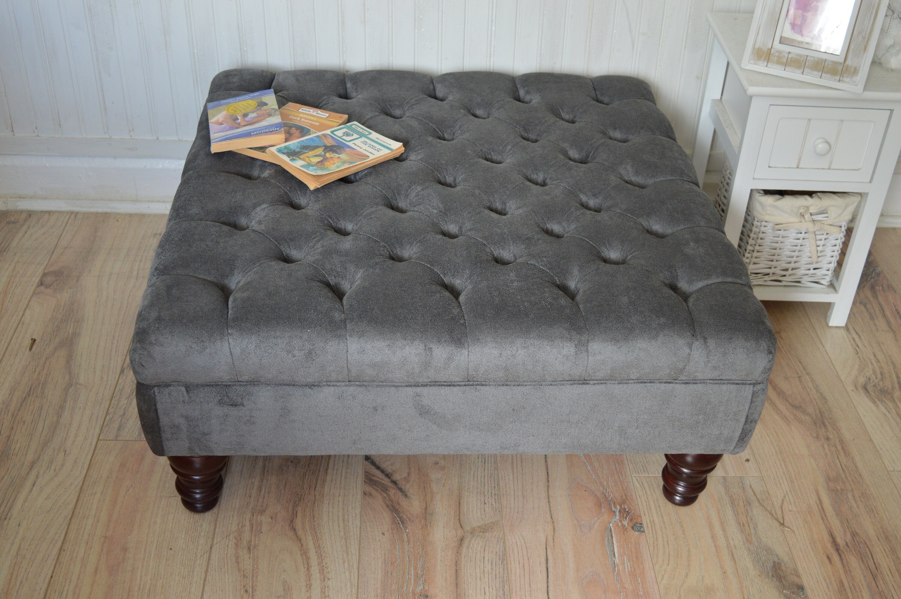 Square Chesterfield Deep Buttoned Footstool in Plush Grey Fabric With Mahogany Turned Wood Legs
