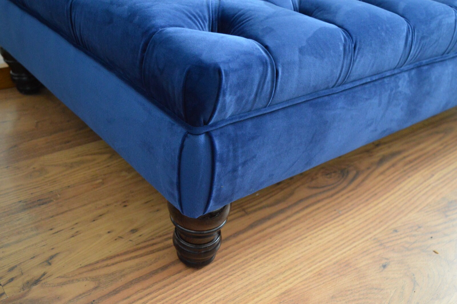 Chesterfield Extra Large Deep Buttoned Footstool in Royal Blue Velvet  With Turned Hardwood Legs